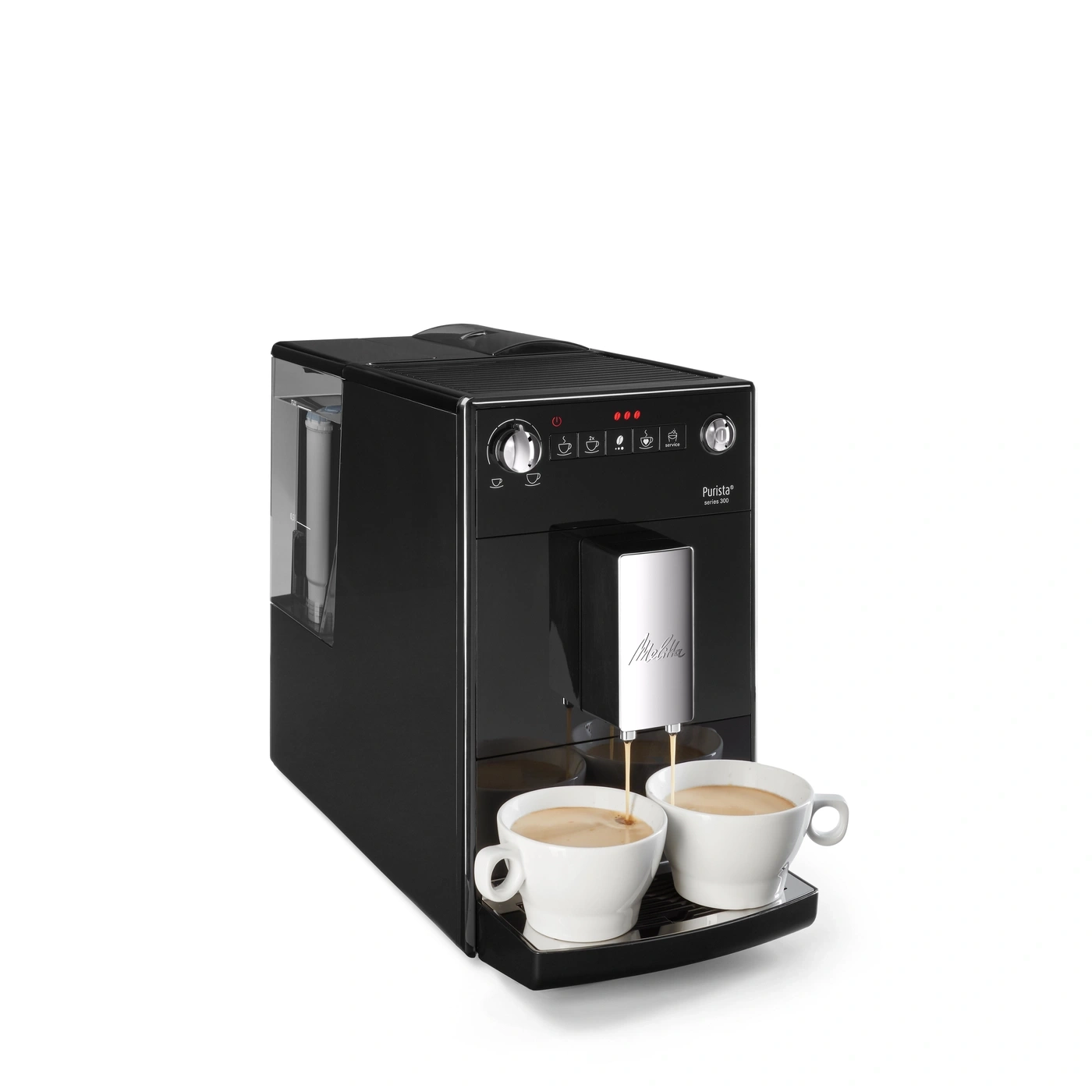 Schwarze Kaffeemaschine mit zwei Tassen Kaffee, die gerade zubereitet werden. Melitta Purista.