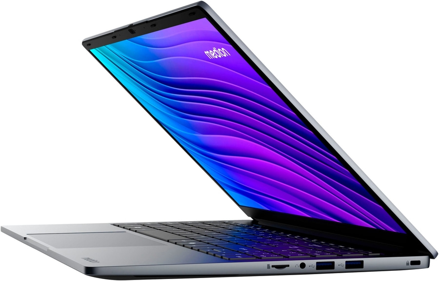 Ein offener Medion Laptop mit einem bunten Hintergrund auf dem Bildschirm.