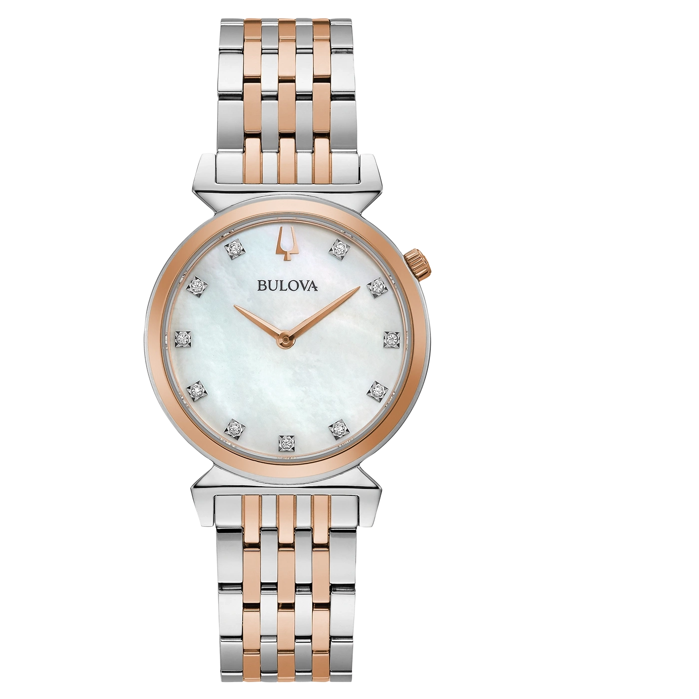 Bulova Damenuhr mit Perlmutt-Zifferblatt und Diamanten, roségoldfarben
