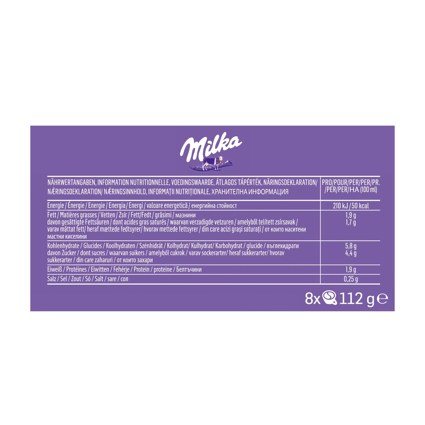 Nährwertangaben und Informationen über Milka Schokolade mit Kuh und Berge Motiv.