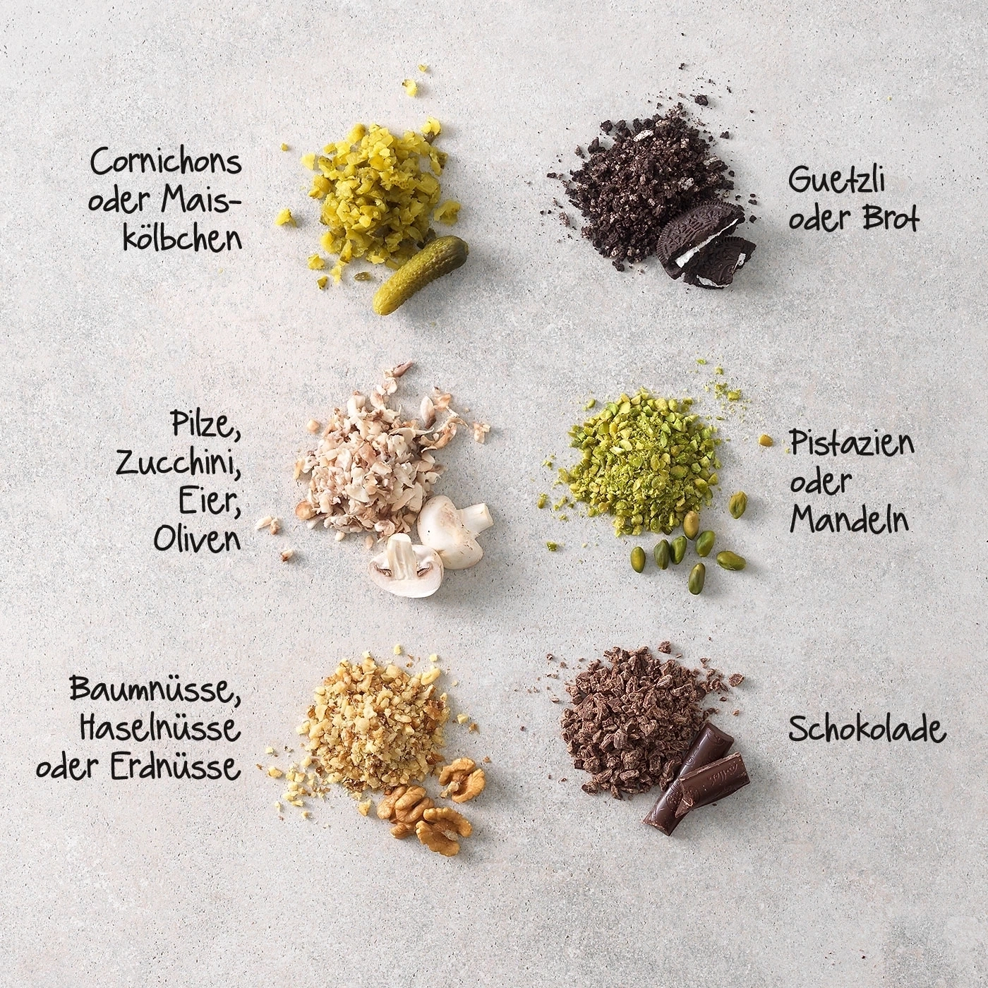Verschiedene Zutaten wie Cornichons, Guetzli, Pilze, Pistazien, Nüsse und Schokolade.