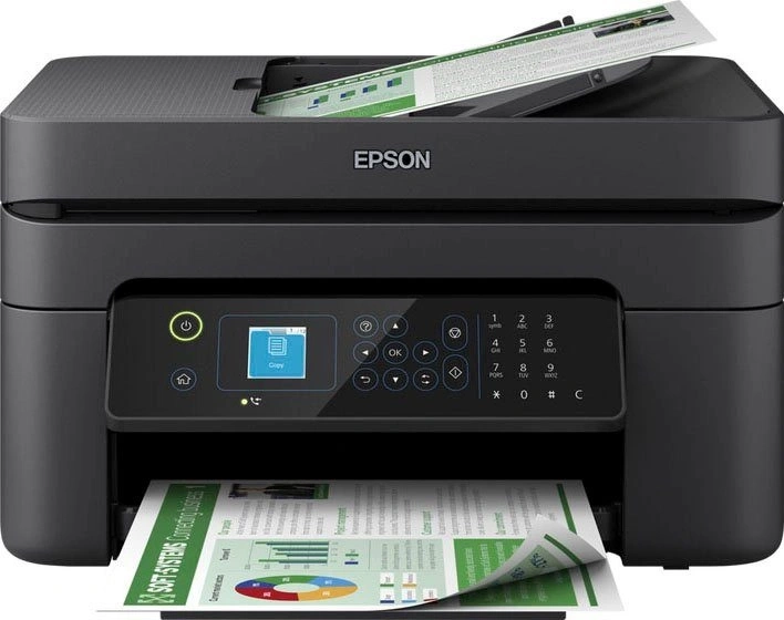 Epson-Drucker mit Bedienfeld und Papierausgabe. Schwarz, mit gedruckten Dokumenten.