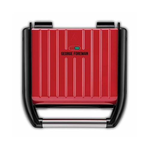 Ein roter George Foreman Kontaktgrill mit schwarzem Rahmen und silbernem Griff.