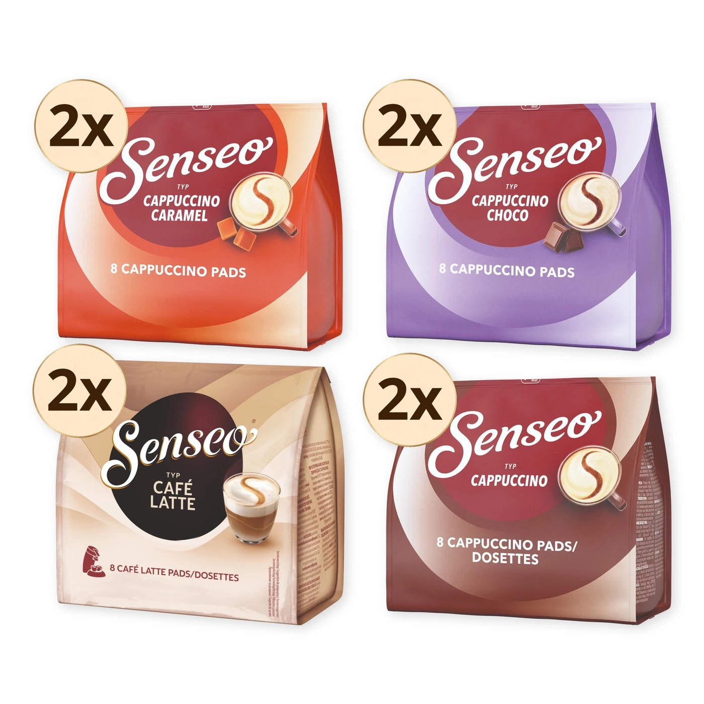 Vier Packungen Senseo Kaffee, zwei mit Karamell, eine mit Schoko, eine mit Café Latte.