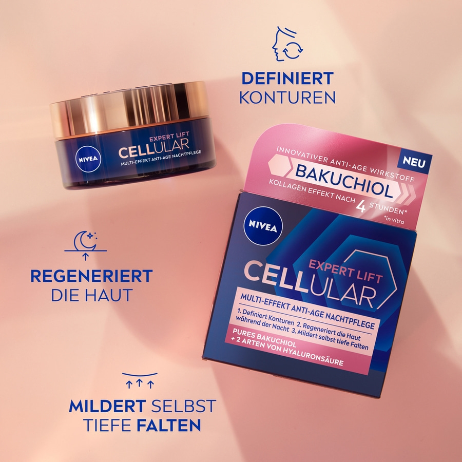 Nivea Cellular Expert Lift Bakuchiol Nachtcreme Produktbild mit Text