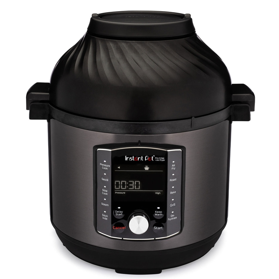 Instant Pot Pro Crisp Air Fryer, schwarz, mit Bedienfeld und Funktionen.
