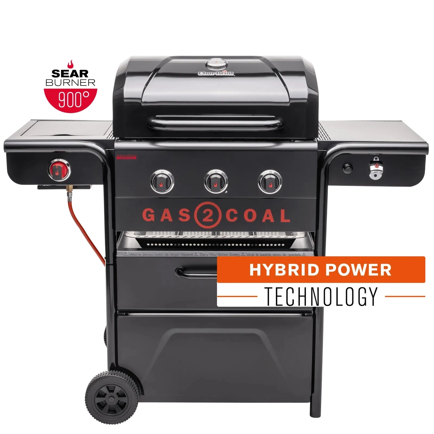 Ein schwarzer Gasgrill mit "Gas 2 Coal" und "Hybrid Power Technology" Schriftzug.