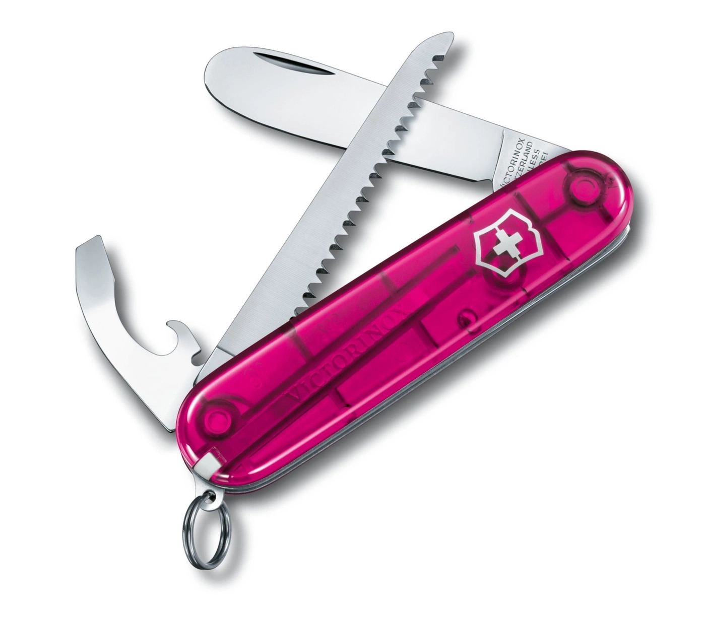 Rosa Schweizer Taschenmesser mit verschiedenen Werkzeugen, geöffnet.
