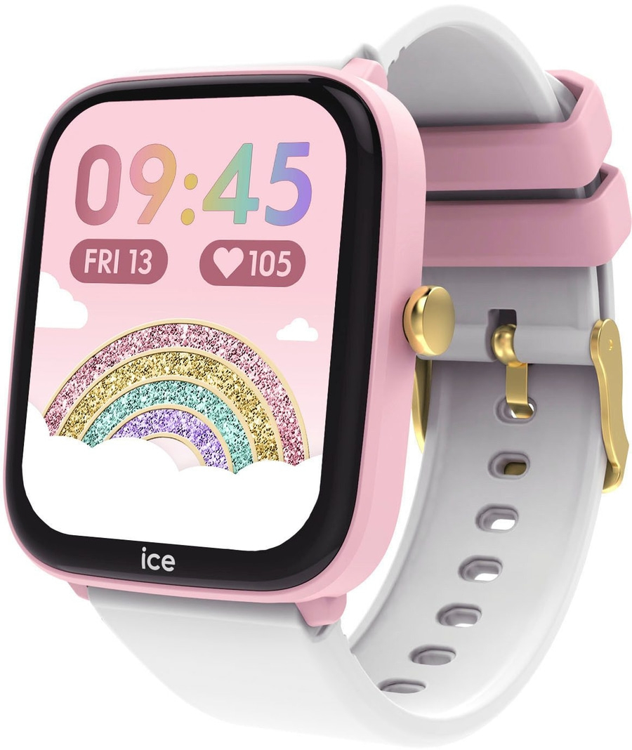 Eine pinke Smartwatch mit einem Regenbogen-Zifferblatt und weißen Armband.
