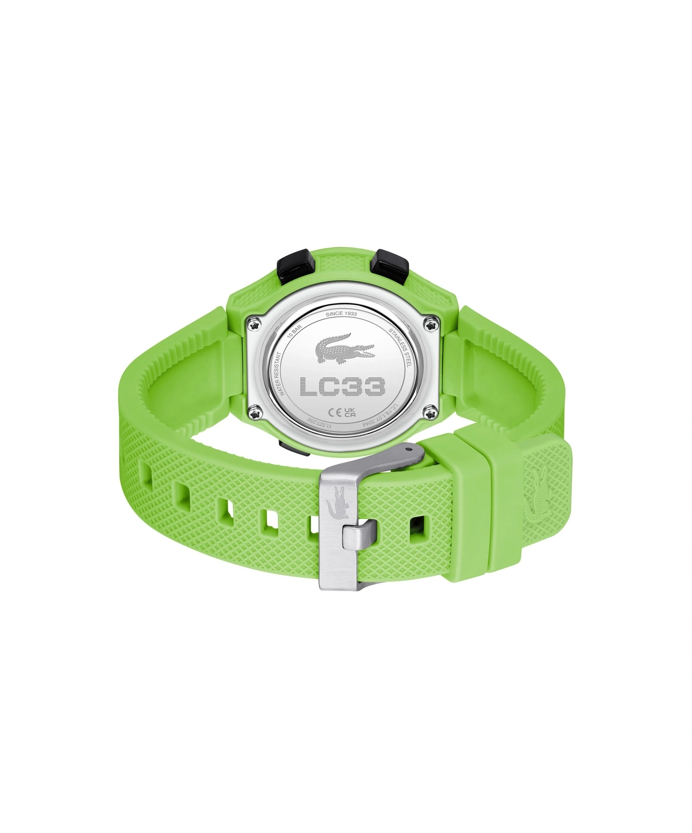 Grüne Lacoste-Uhr mit silberner Schnalle und Krokodil-Logo