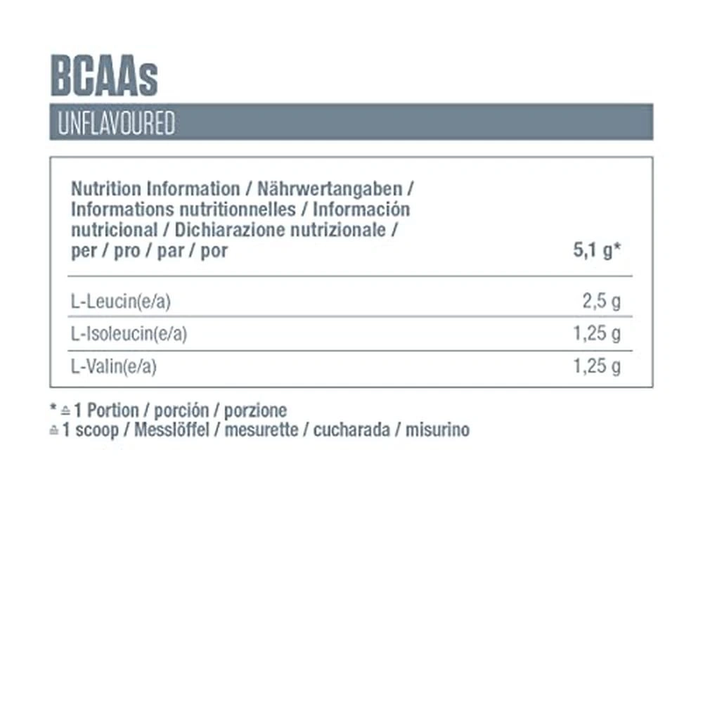 BCAAs, unflavored, Nährwertangaben, L-Leucin, L-Isoleucin, L-Valin, Portion, Messlöffel, misurino, 5,1 g