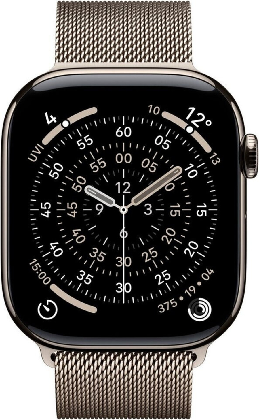 Eine Apple Watch mit einem silbernen Milanaise-Armband und einem schwarzen Zifferblatt mit vielen Informationen.
