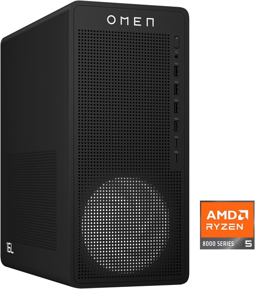 Schwarzer OMEN-Gaming-PC mit AMD Ryzen Prozessor und zahlreichen Anschlüssen.