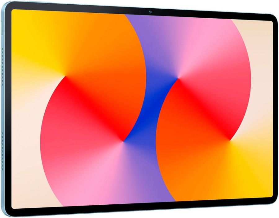 Blaues Tablet mit farbenfrohem Hintergrund, ideal für Unterhaltung und Arbeit.