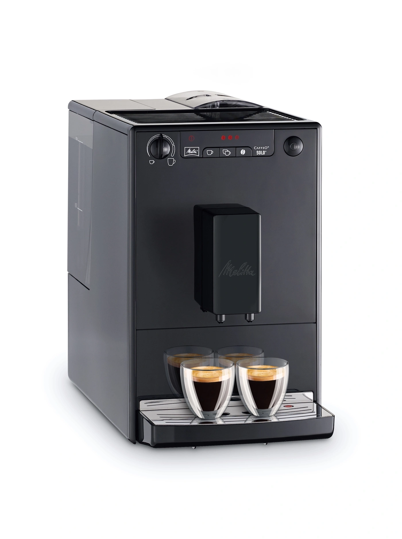Schwarze Kaffeemaschine mit zwei Gläsern Espresso auf weißem Hintergrund