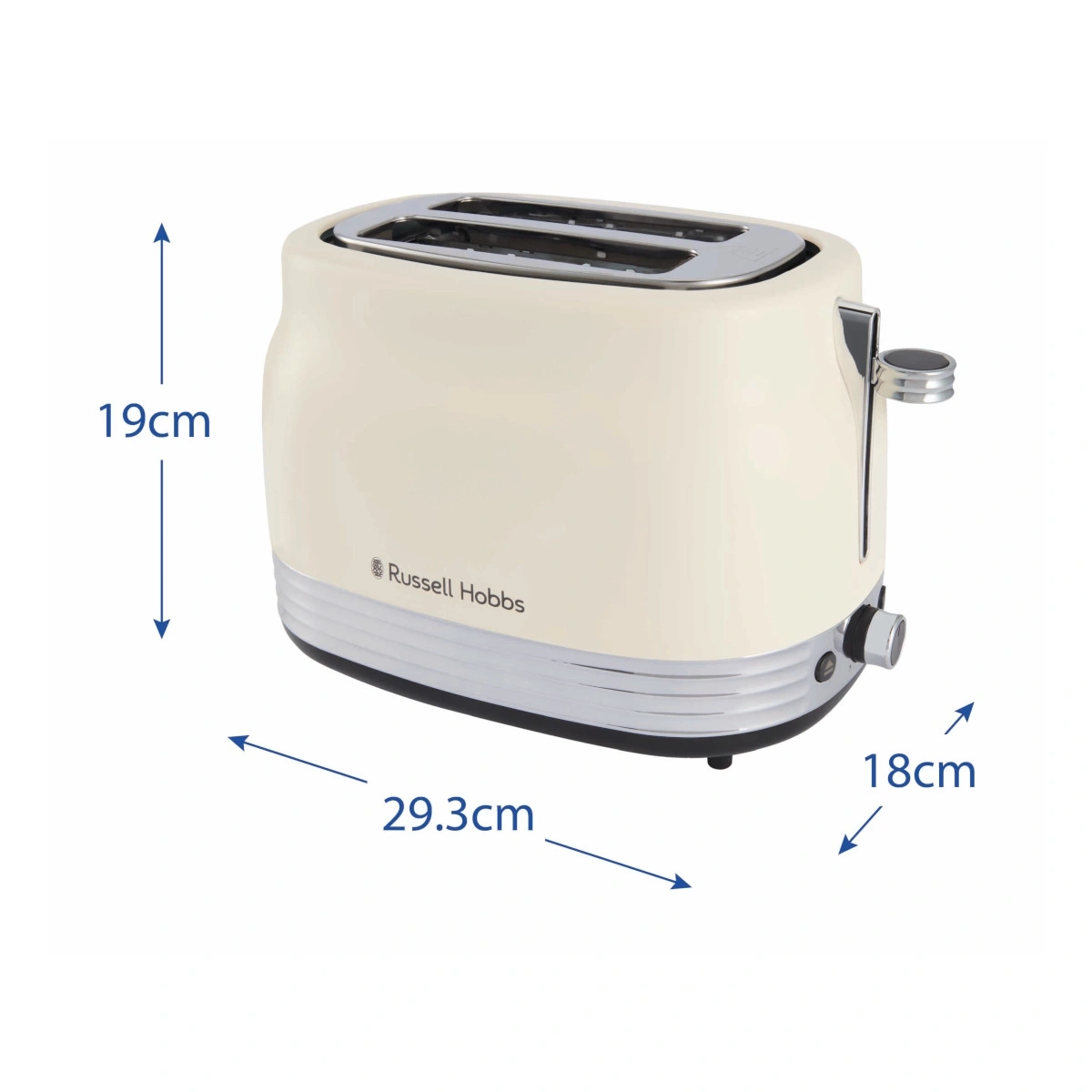 Ein cremefarbener Toaster von Russell Hobbs mit den Maßen 19 cm Höhe, 29,3 cm Breite und 18 cm Tiefe.