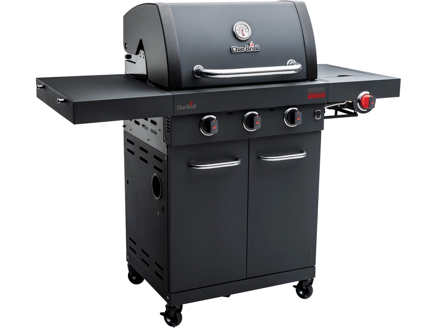 Ein schwarzer Char-Broil Gasgrill mit drei Brennern und Seitenablagen.