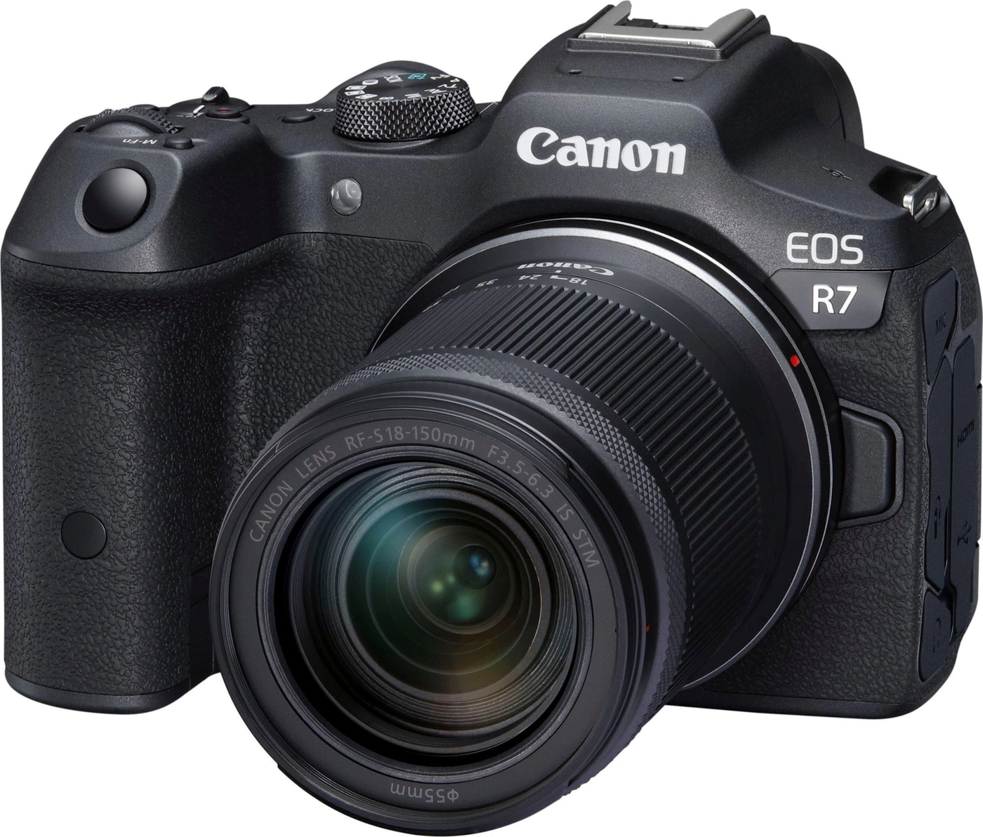 Canon EOS R7 Kamera mit Objektiv, schwarz, Nahaufnahme, Detail, Technologie, Fotografie