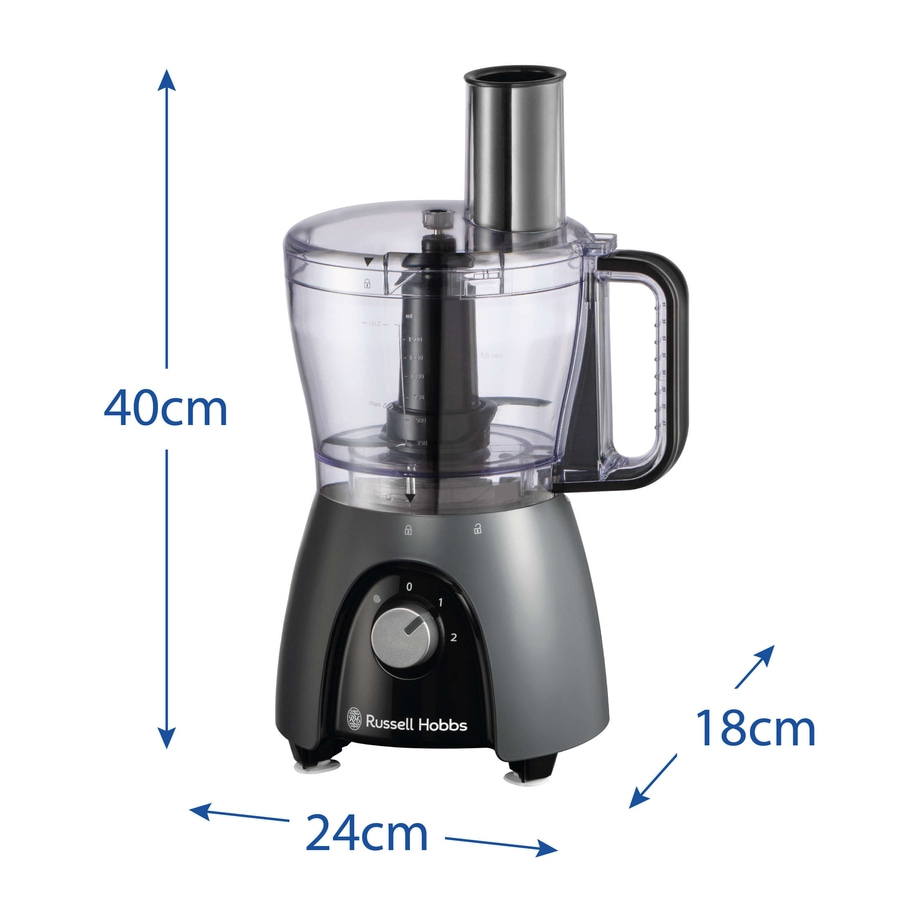 Küchenmaschine, 40cm hoch, 24cm breit, 18cm tief, Russell Hobbs, mit Messbecher und Messern.