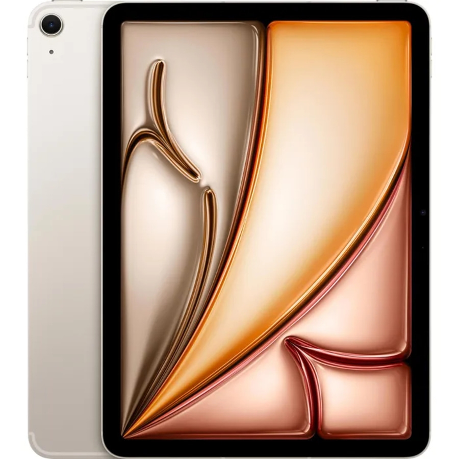 Ein silbernes Tablet mit einem bunten, flüssigen Hintergrund auf dem Bildschirm.