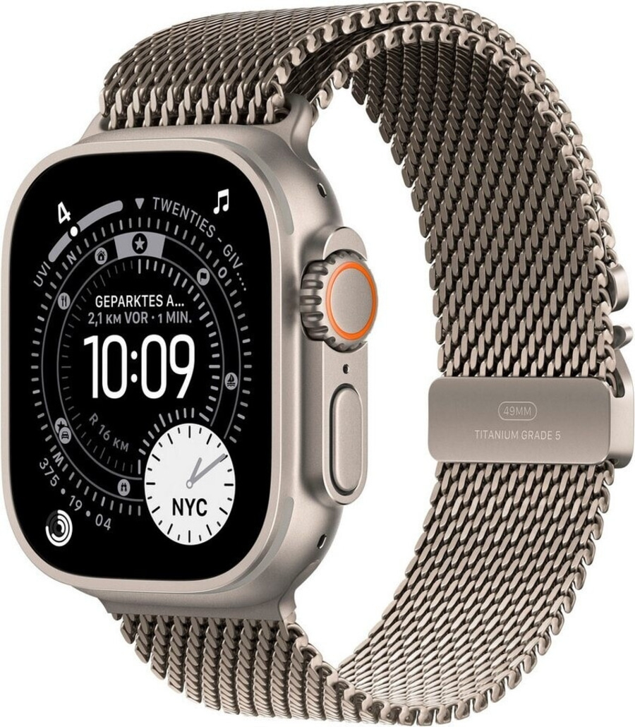 Eine Apple Watch Ultra mit einem Milanese Loop Armband aus Titan.