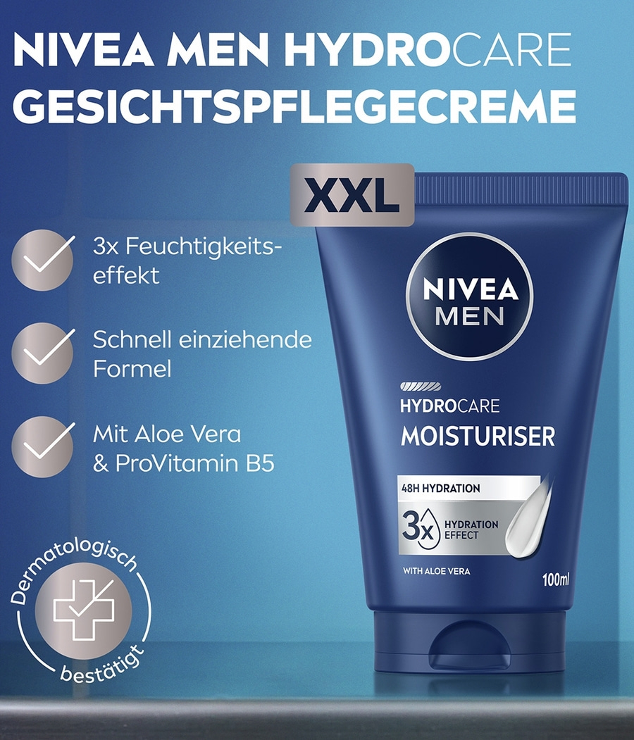 Nivea Men Hydro Care Gesichtscreme, XXL, 3x Feuchtigkeitseffekt, Aloe Vera, 100ml