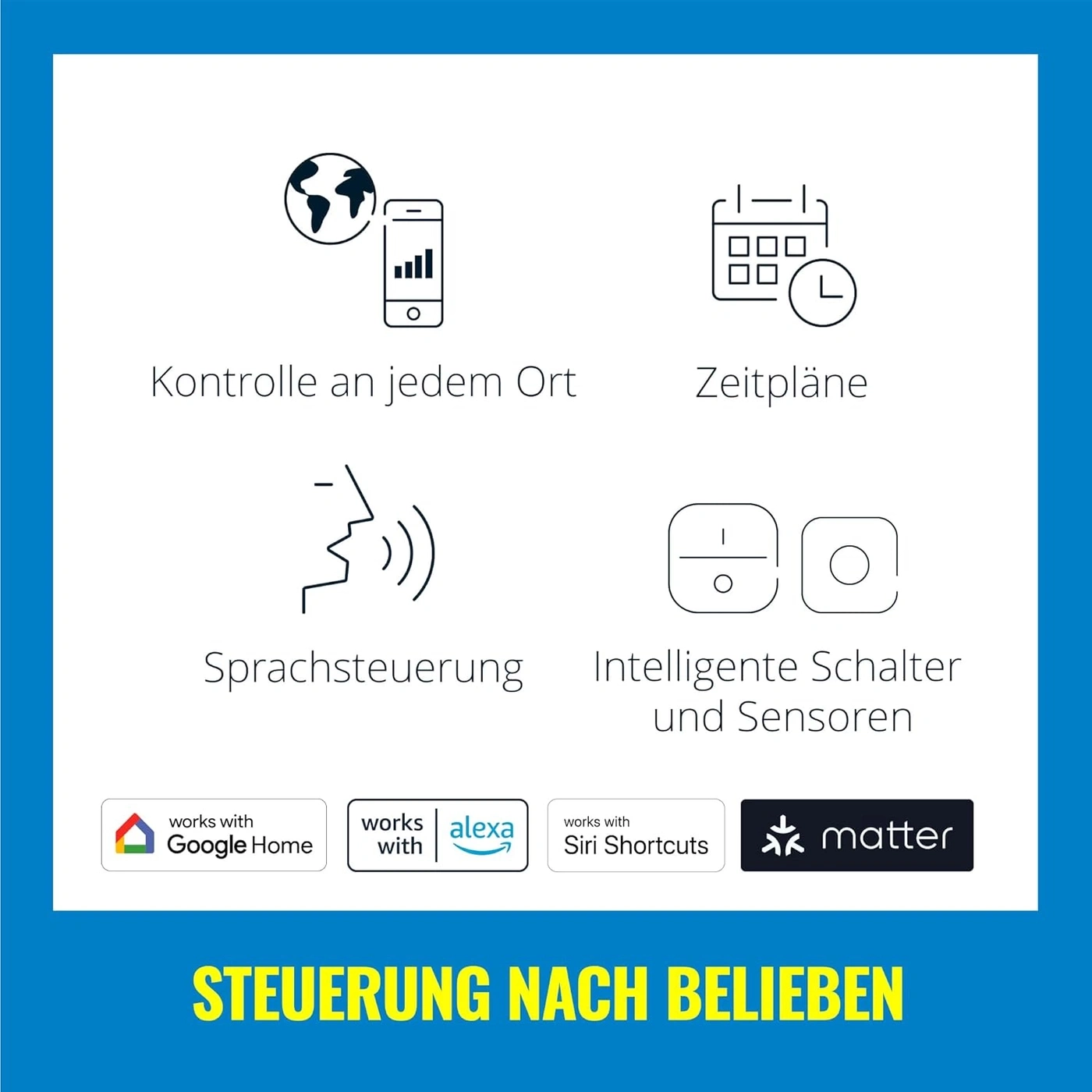 App-Steuerung, Zeitpläne, Sprachsteuerung und Sensoren für ein intelligentes Zuhause.