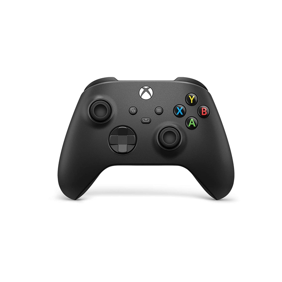 Schwarzer Xbox-Controller mit farbigen Knöpfen und Logo in der Mitte.