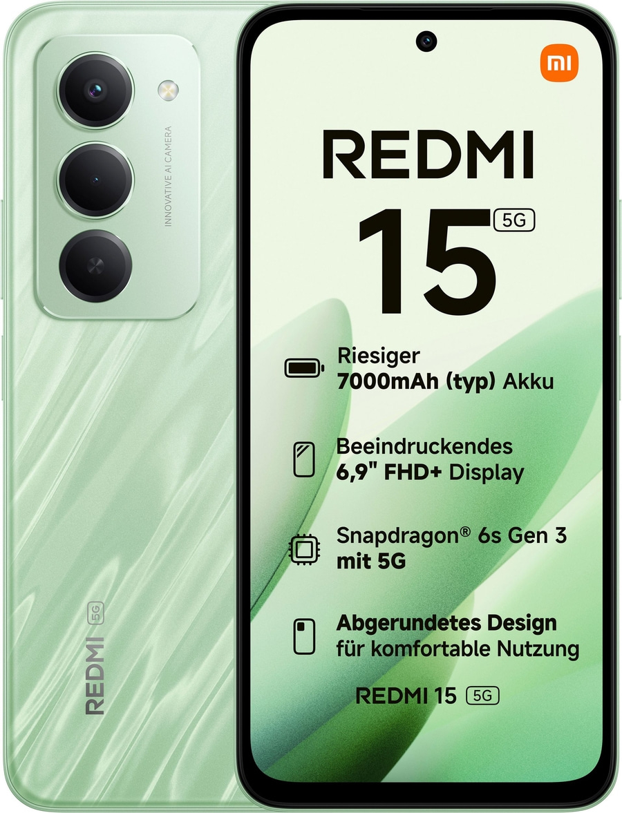 Ein hellgrünes Xiaomi Redmi 15 5G Smartphone mit groser Batterie, grossem Display und starkem Prozessor.