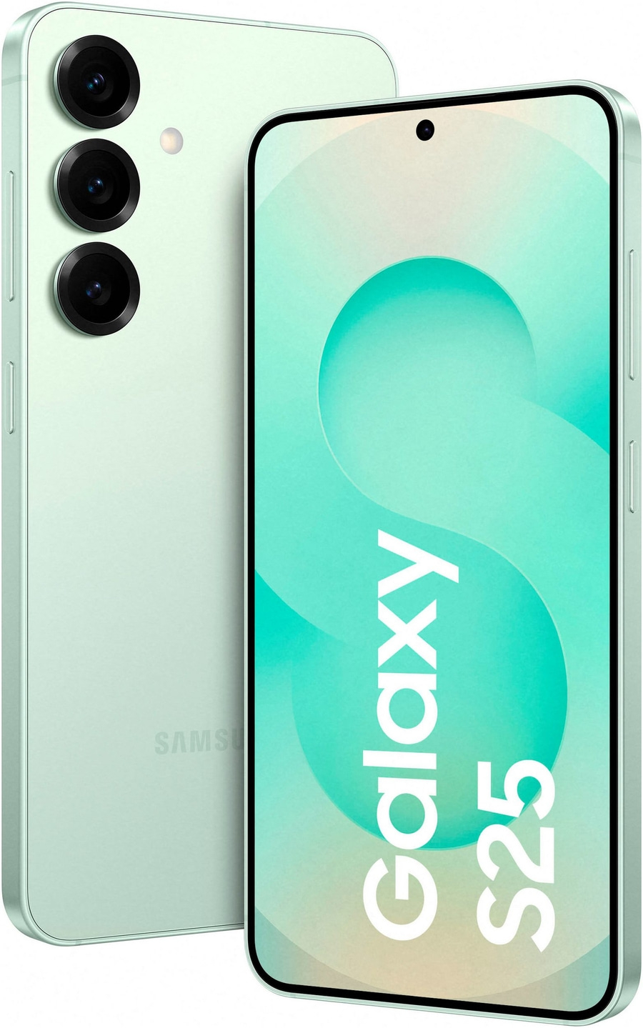 Ein hellgrünes Samsung Galaxy S25 Smartphone mit drei Kameras auf der Rückseite und dem Schriftzug Galaxy S25 auf dem Display.