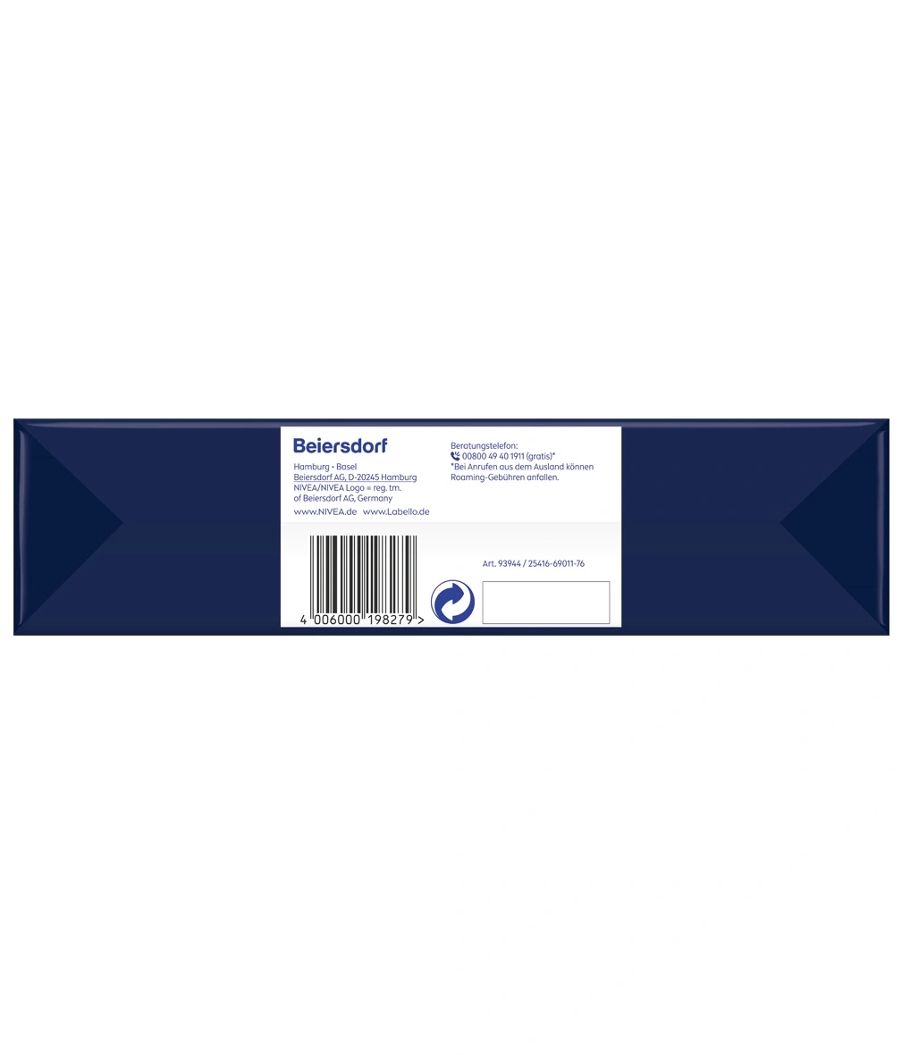 Rückseite einer NIVEA-Verpackung mit Firmenadresse und Barcode.