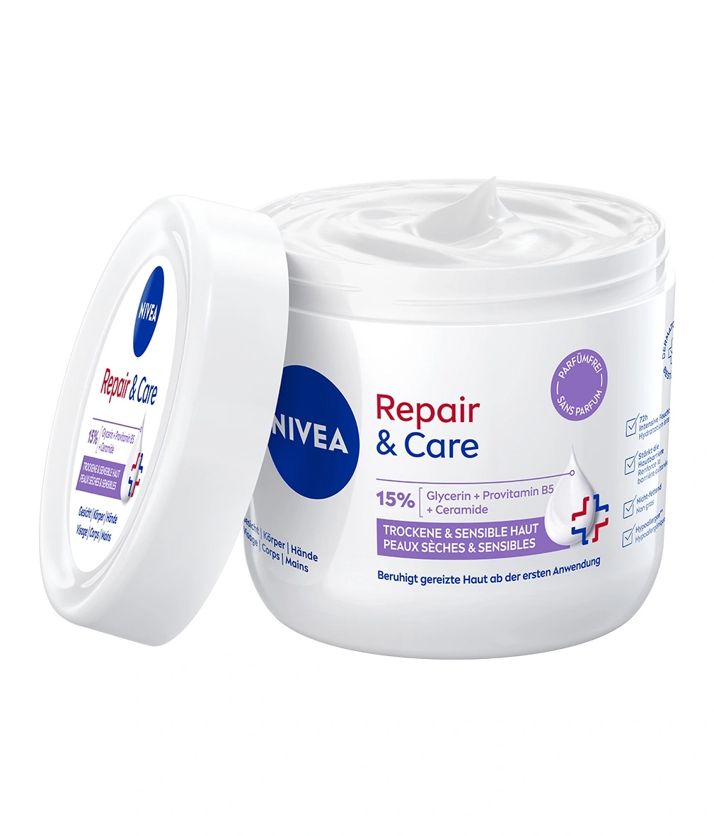 Nivea Repair & Care Creme, für trockene und sensible Haut, ohne Parfum, 15% Glycerin