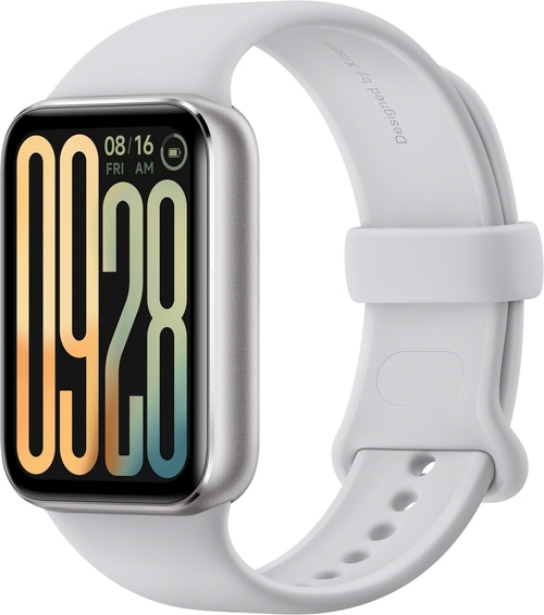 Weiße Smartwatch mit digitaler Anzeige und Armband, entworfen von Xiaomi.
