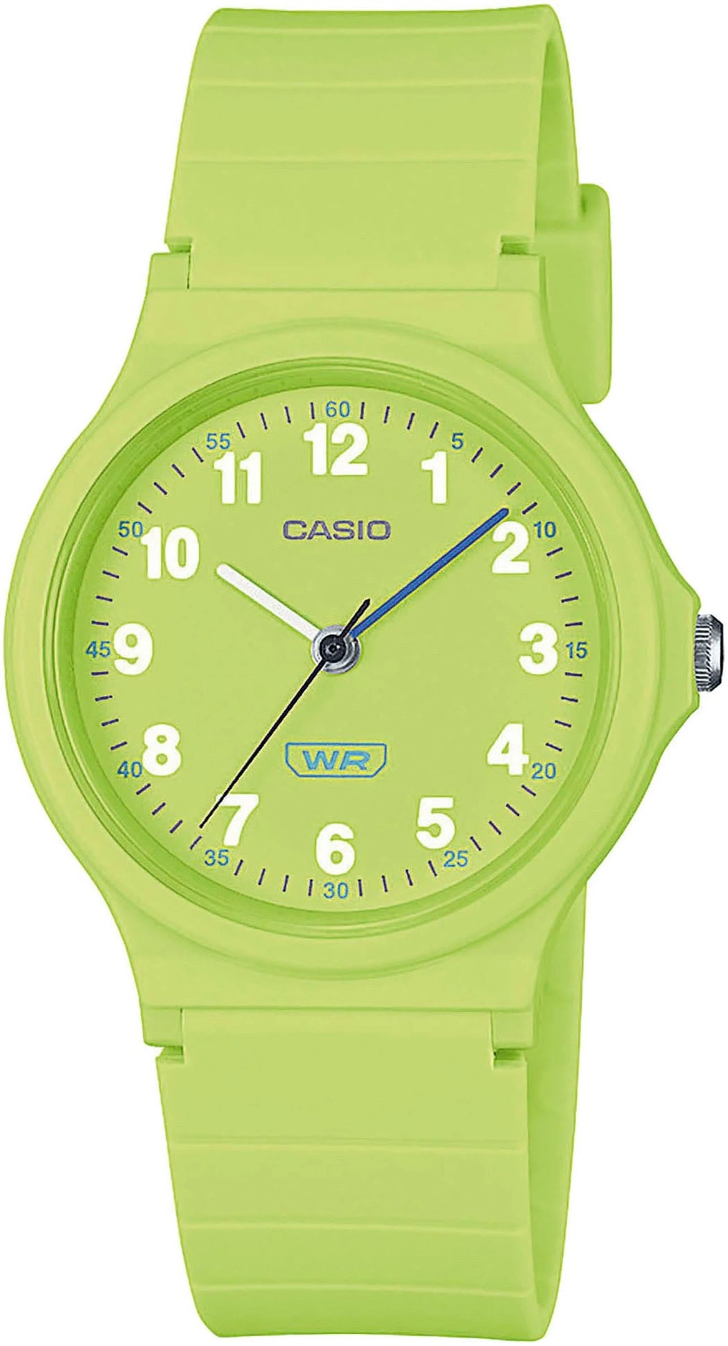 Eine hellgrüne Casio-Armbanduhr mit weißen Ziffern und Zeigern.