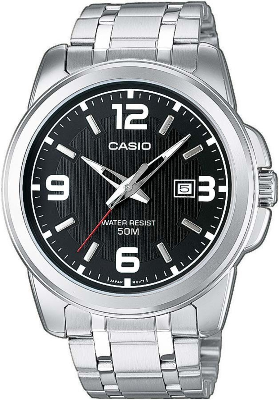 Casio-Uhr mit schwarzem Zifferblatt, silbernem Gehäuse und Armband, 12, 9, 6, 3