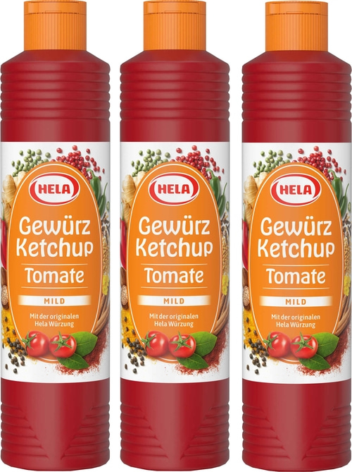 3 x Hela Ketchup Tomate mild Gewürzketchup 800 ml Flasche Ketchupflasche