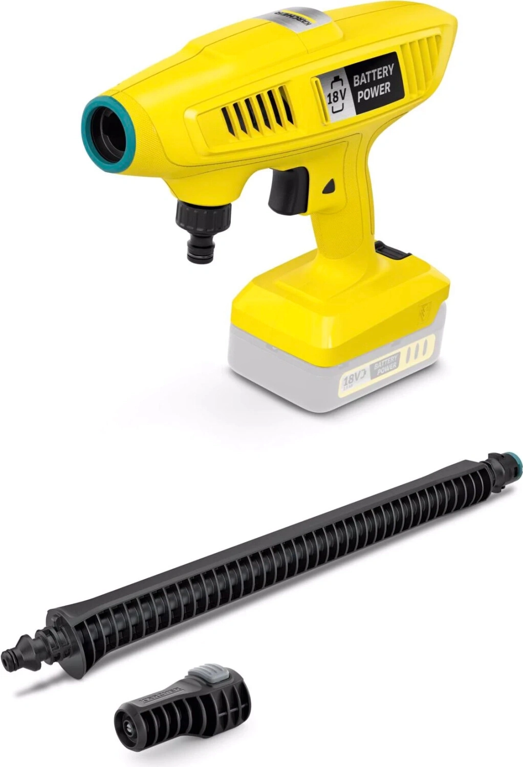 Gelber Hochdruckreiniger mit Zubehör, 18V Batterie Power, Kärcher