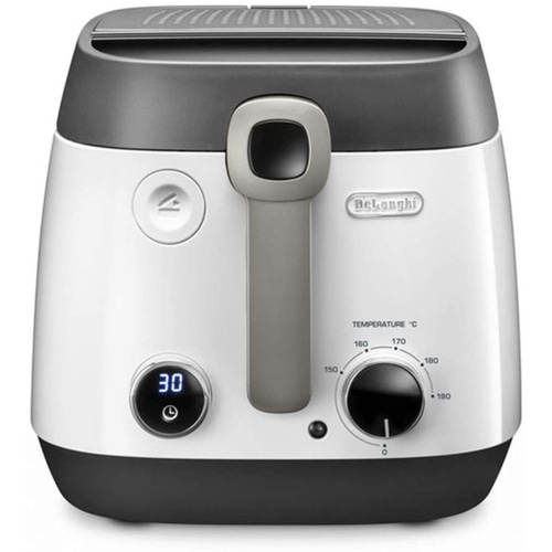 DeLonghi Heißluftfritteuse mit digitaler Zeitanzeige und Temperaturregler.