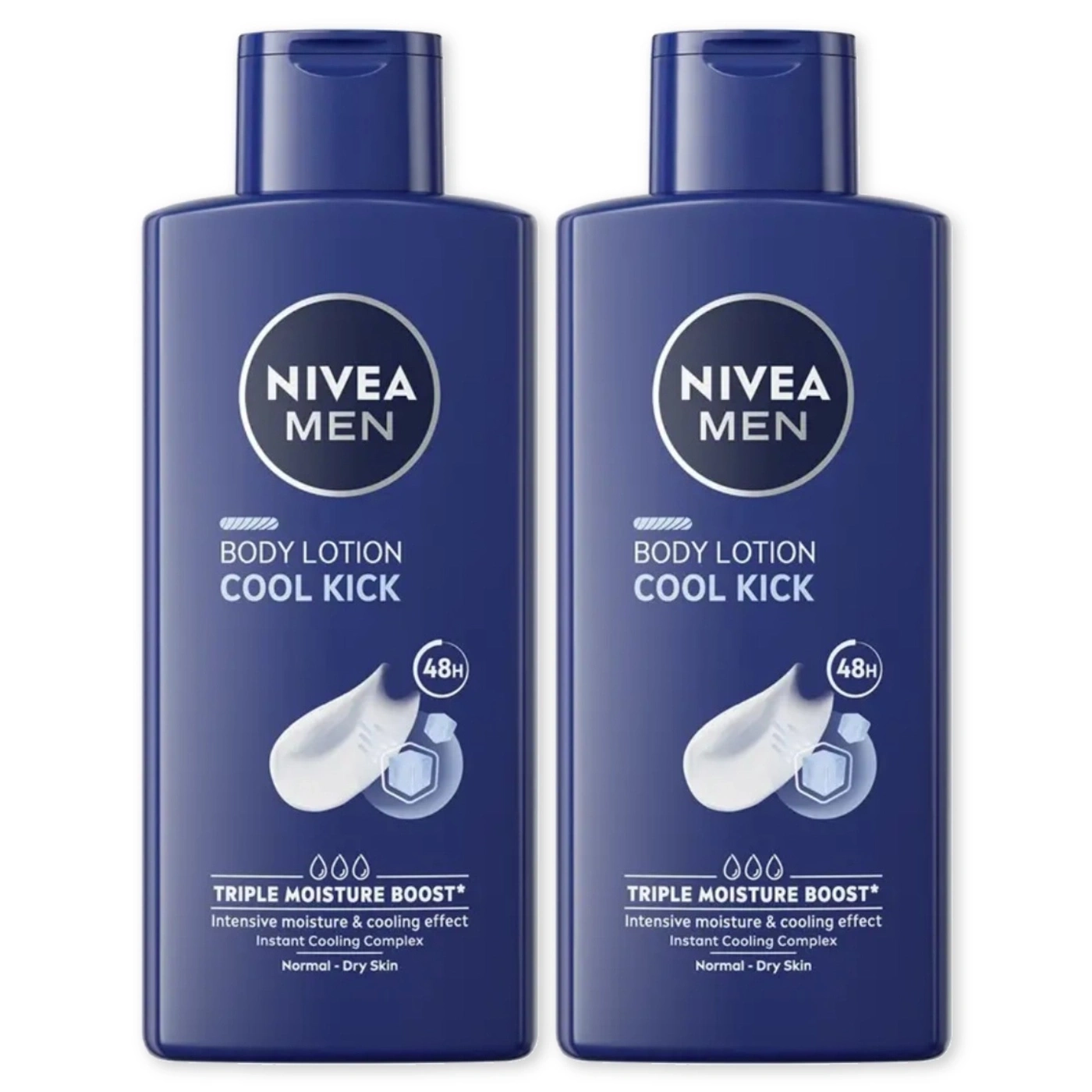 Zwei Nivea Men Body Lotion Cool Kick Flaschen nebeneinander