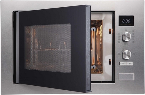 Mikrowelle mit offener Tür, Edelstahl, Innenraum beleuchtet, Bedienfeld mit Knöpfen