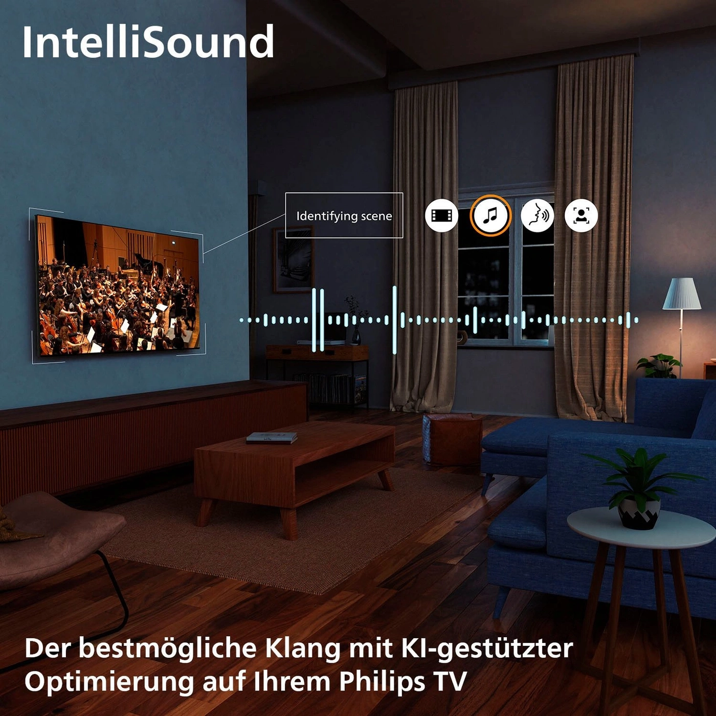 IntelliSound verbessert den Klang von Philips Fernsehern durch KI-gestützte Szenenoptimierung.