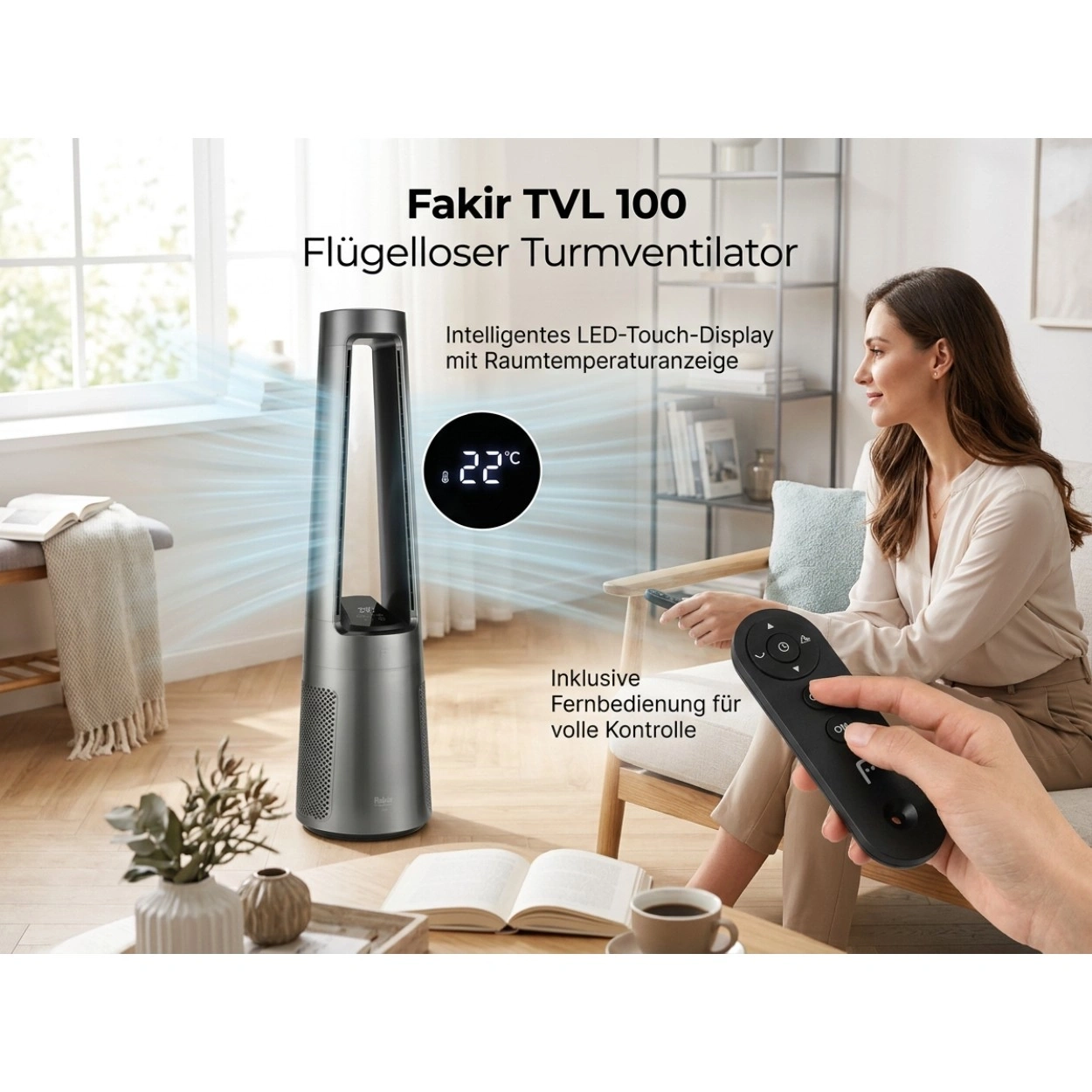 Ein moderner Turmventilator mit Fernbedienung und Display