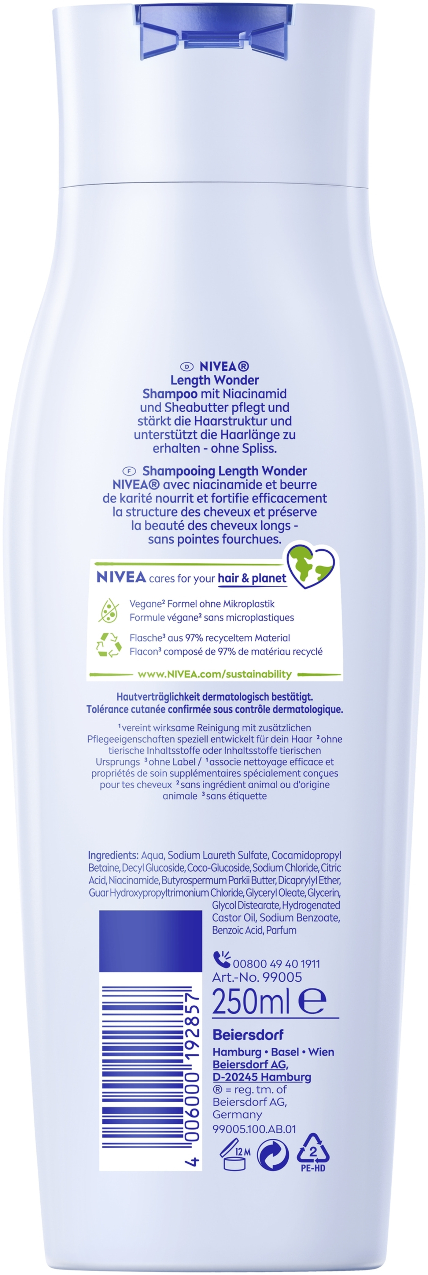 Eine Flasche NIVEA Shampoo mit Niacinamid und Sheabutter.