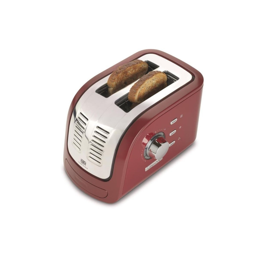 Roten Toaster mit zwei Scheiben Brot und Drehregler
