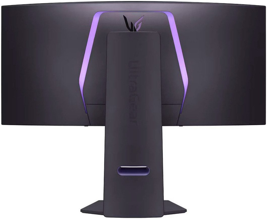 Rückseite eines schwarzen LG UltraGear Monitors mit lila Beleuchtung