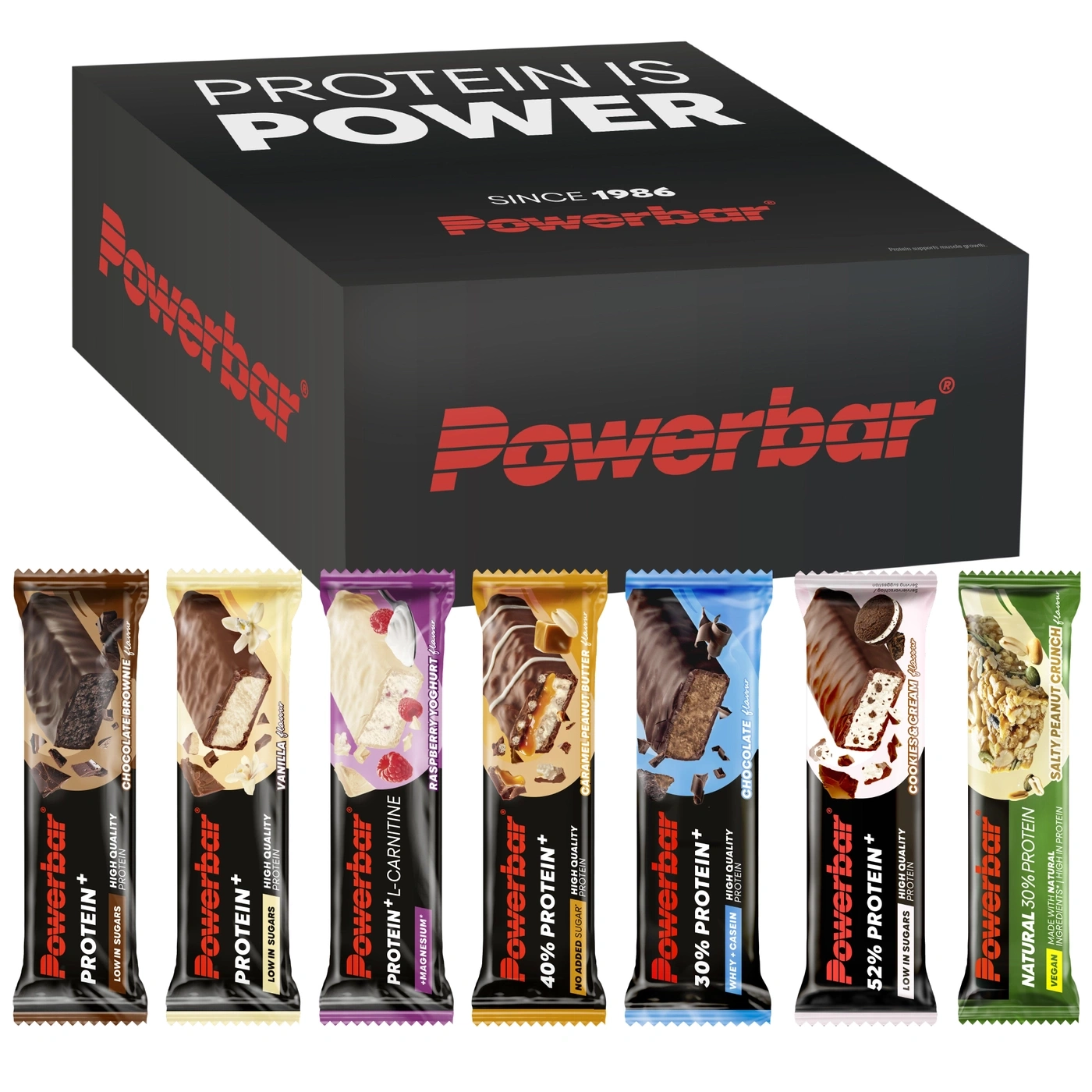 Powerbar Proteinriegel in verschiedenen Geschmacksrichtungen, verpackt in einer schwarzen Box