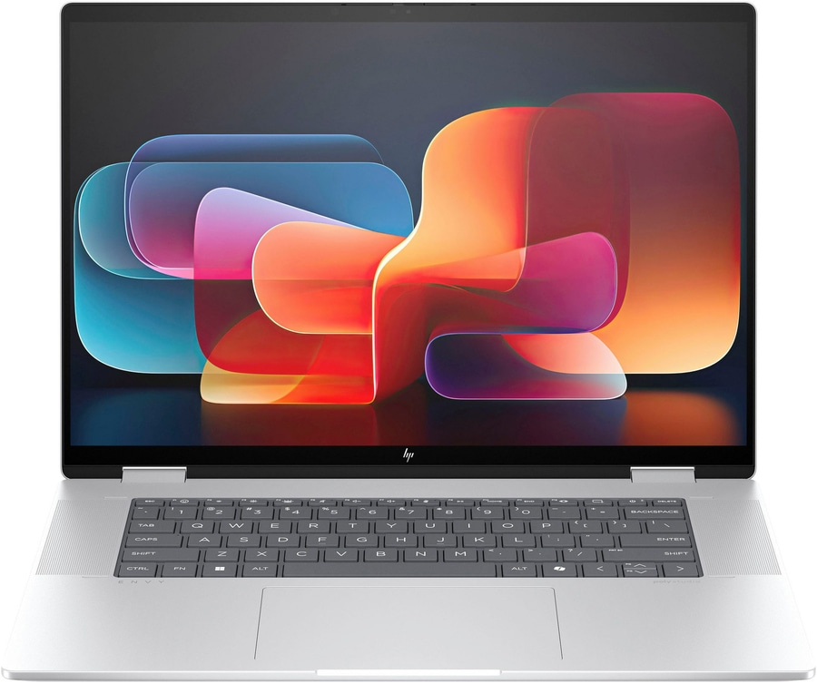 HP Envy Laptop mit farbenfrohem Bildschirm, Tastatur und Touchpad. Silbernes Gehäuse, modernes Design.