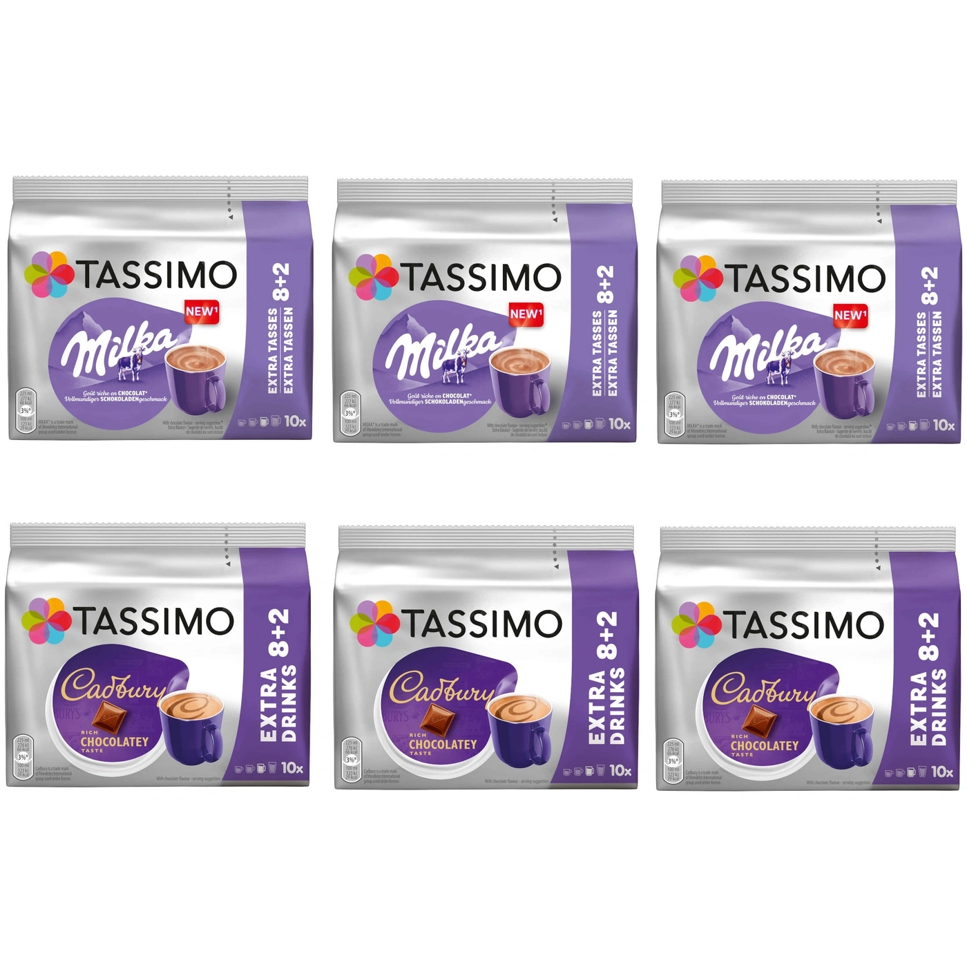 Tassimo Milka und Cadbury Packungen mit Schokolade Getränke, 8+2 Extra Tassen