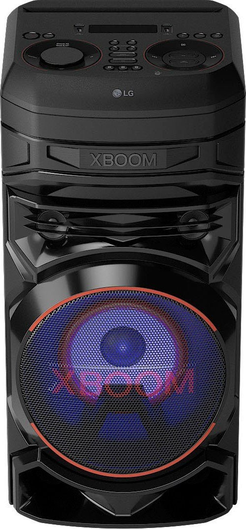 Schwarzer Lautsprecher mit XBOOM-Logo und LG-Logo, mit bunten Lichtern