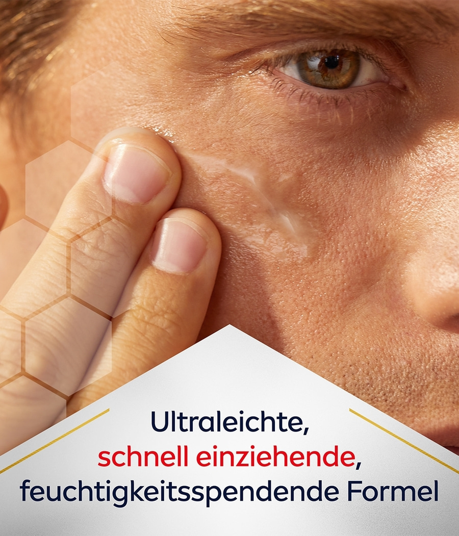 Mann trägt Feuchtigkeitspflege auf, Text: Ultraleichte, schnell einziehende, feuchtigkeitsspendende Formel